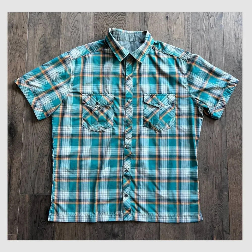 Kuhl Eluxor Short Sleeve Pearl Snap Shirt Size M Green Orange Plaid Activewear